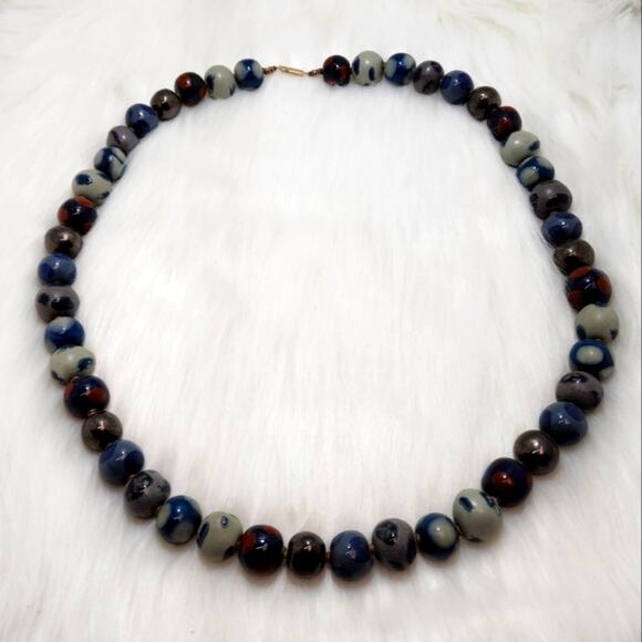 Jewelry - Blue & Gray Ceramic Beaded Necklace | Handmade Vintage Jewelry